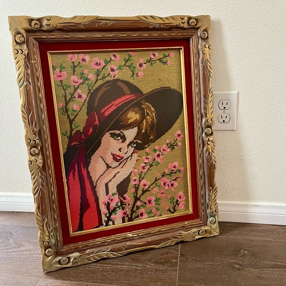 Vintage Framed Needlepoint Art with Floral Design - Picture 1 of 10